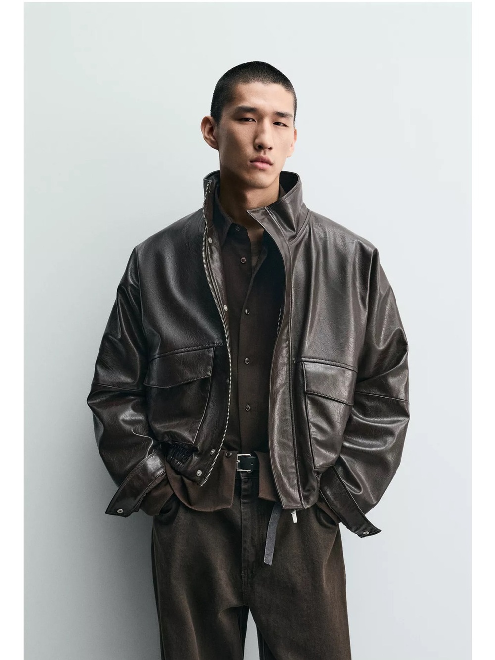 Zara Dark Brown Faux Leather Bomber Jacket